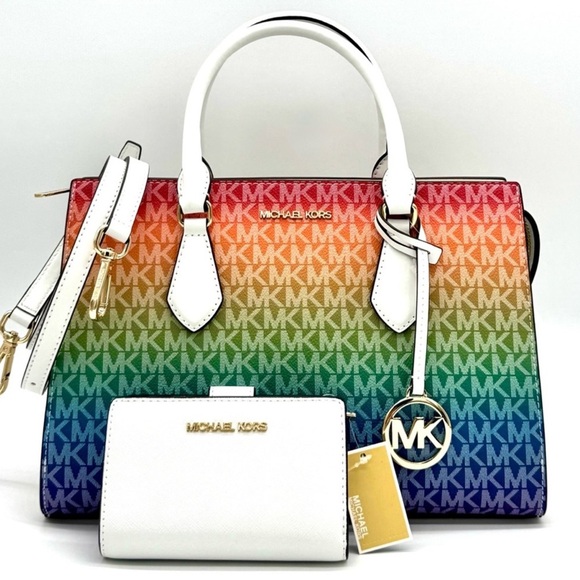 Michael Kors Medium Sheila CZ Satchel Bag & Matching Bifold Wallet Rainbow - Picture 1 of 11